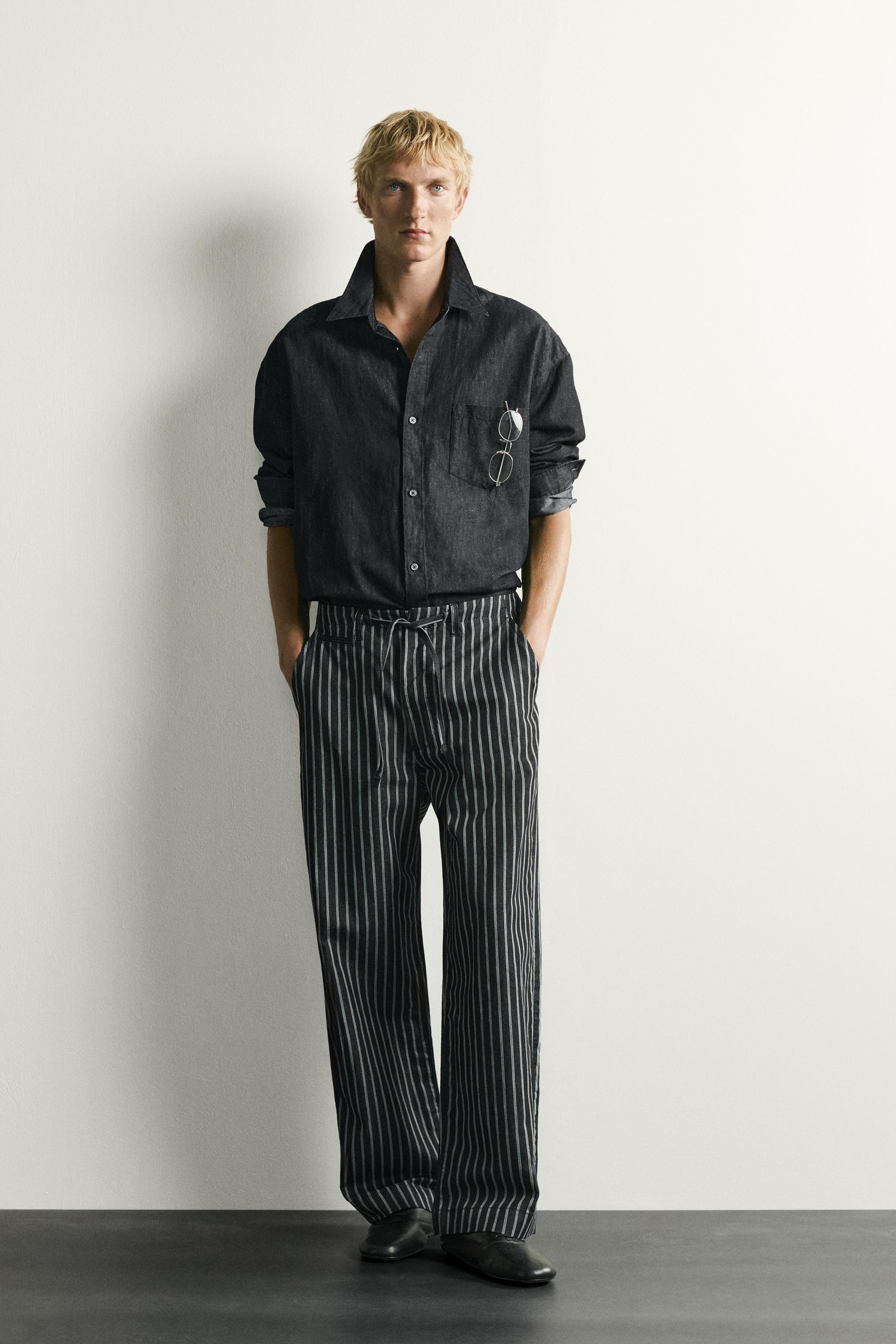 STRIPED COTTON-LINEN DENIM PANTS